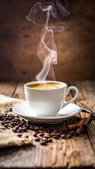 Hot coffee cup on rustic table