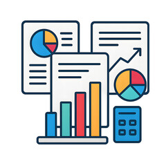 Obraz premium Dashboard Icon with Bar Charts, Pie Charts, Calculator, and Document Elements, Flat Vector Style in Blue and Yellow for Analytics and Reporting