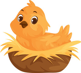An Adorable Chick Nestled Comfortably In A Simple Nest, Cartoon Style.
