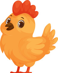 Cartoon Bird with Orange and Yellow Plumage, Big Eyes, and Small Red Comb, Illustration.