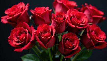 Arrangement of several red roses, varying bloom stages , passion, bouquet