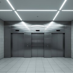 Modern elevator lobby with three closed stainless steel doors and bright linear ceiling lights.