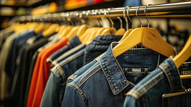 Denim jackets on hangers retail fashion display - Powered by Adobe