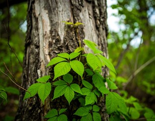 Lush green leaves clinging to a weathered tree trunk in a forest
