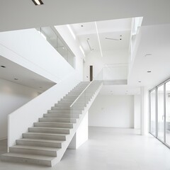 Fototapeta premium Modern White Interior with Grand Staircase and Glass Railings