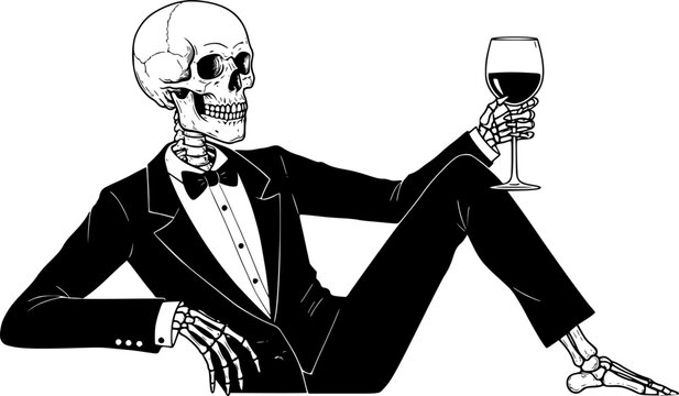 Vector Art Skeleton Drinking Wine on White Background
