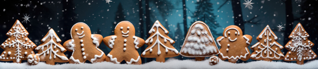 Decorated Gingerbread House with Sugar Glaze Surrounded by Fir Trees — Merry Christmas