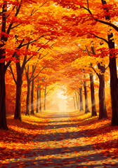 Autumn forest path with vibrant orange leaves and sunlight  
