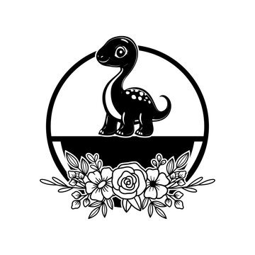 Baby Dinosaur Vector, Cute Dinosaur with Flower Svg Cut File