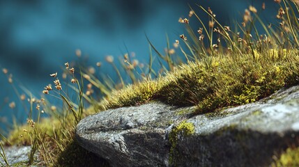Rock edge overgrown with grass and moss, blurred blue background, close-up