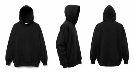 Black Hoodie Mockup with Front, Side, and Back Views on a White Background for Apparel and Product Design

