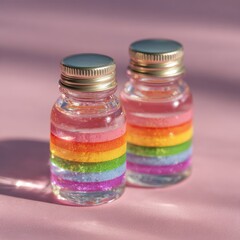 Two small, clear glass bottles with rainbow-colored, glittery tape wrapped around them.  Gold-colored lids.  Pastel pink background