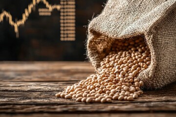 Burlap sack of soybeans spilling on wood with commodity price chart in background