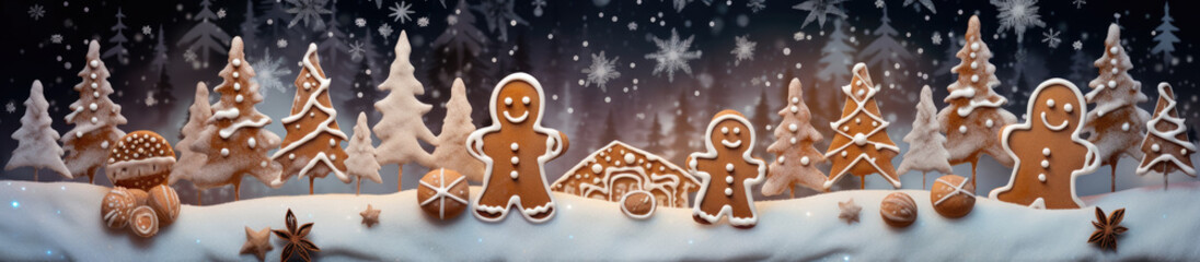 Decorated Gingerbread House with Sugar Glaze Surrounded by Fir Trees — Merry Christmas