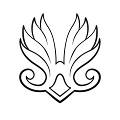 Stylized floral emblem with symmetrical leaves and decorative flourishes, presented as a black and white line drawing.