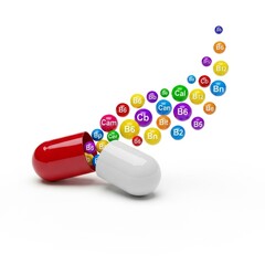 Opened vitamin capsule releasing a cascade of colorful, essential nutrients for health.