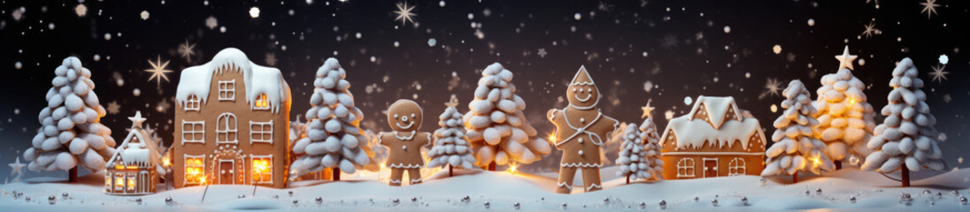 Decorated Gingerbread House with Sugar Glaze Surrounded by Fir Trees — Merry Christmas