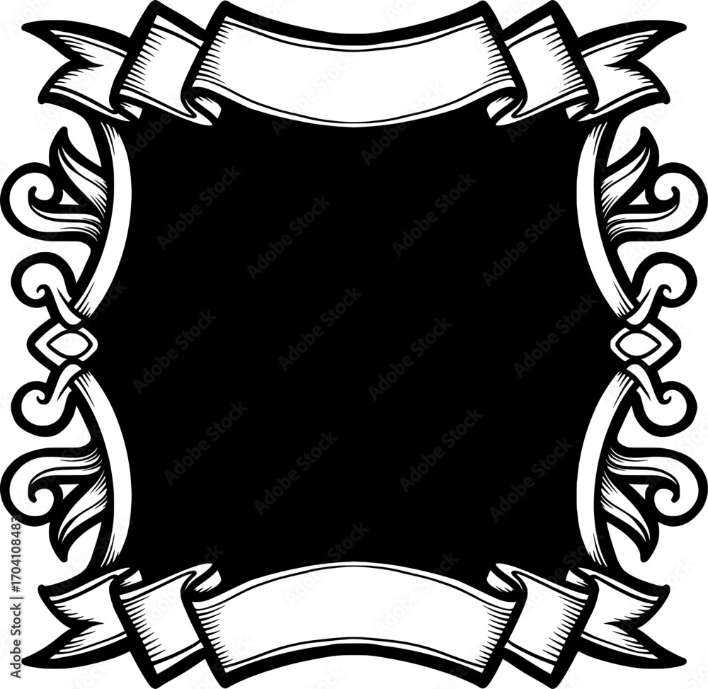 Poster featuring a vintage frame ornament design with top and bottom ribbons for adding text