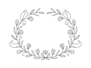 Delicate floral wreath isolated on white background, featuring handdrawn flowers and leaves in a simple and elegant style, perfect for wedding invitations and botanical designs