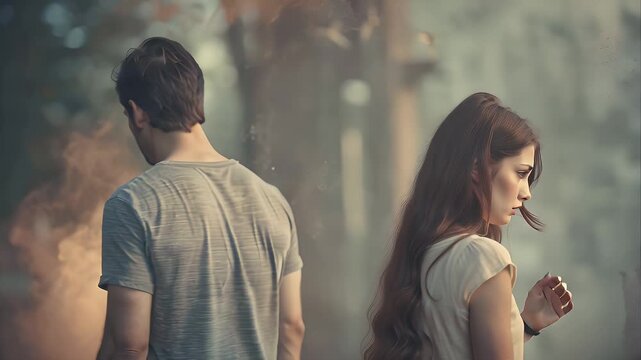 Man walking away from partner in city park during emotional moment  