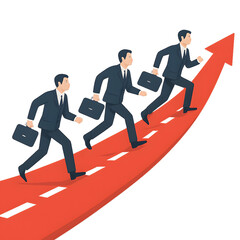Obraz premium Three businessmen in suits running up a red arrow graph