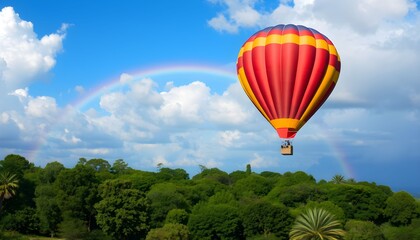 Naklejka premium A colorful red and yellow hot air balloon soars through a blue sky with a rainbow over a lush green forest.