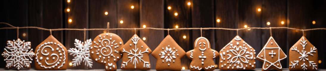 Decorated Gingerbread House with Sugar Glaze Surrounded by Fir Trees — Merry Christmas