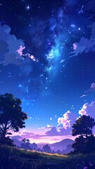 A stylized digital painting of a serene night sky over a field