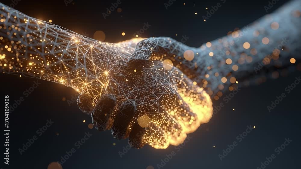Poster futuristic handshake between human and digital entity showcasing seamless connection and collaborati