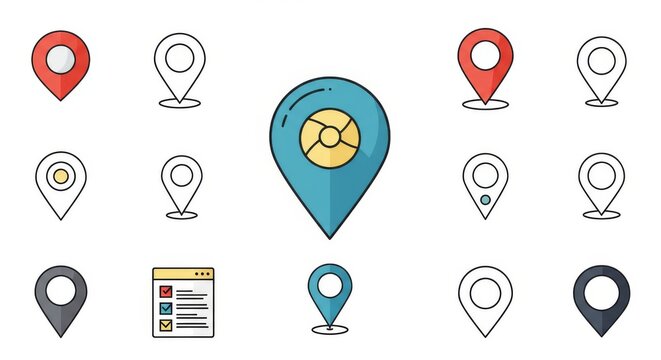 Flat Icon Set of Location and Map Pins ,GPS Navigation Markers Vector Collection