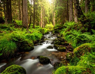 Obraz premium Forest stream, lush greenery