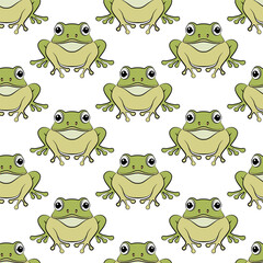 Tree Frog Seamless Pattern. Cute frog on white background. Green toads print design. Vector illustration.
