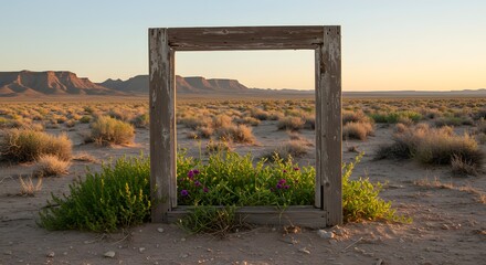 A window frame standing in the desert with greenery inside, symbol of vision.