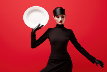 Elegant Gothic Woman with Red Lips Holding Plate – Waitress Style on Red Background