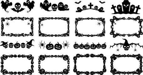 Fototapeta premium Set of scary frame border silhouette isolated on white backgrounf for Halloween day. Collection of halloween frame decoration vector illustration 