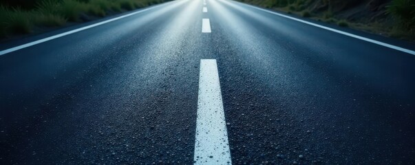 Dark asphalt roadway, crisp white lane markings, pavement, backdrop, roadway