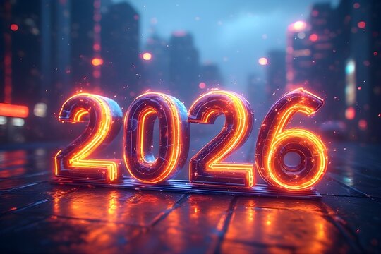 2026 New Year Neon Glow in Urban Cityscape Future Concept