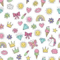 create need Simple funky childish doodles seamless pattern on white background. Girly motif drawings.