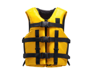 High quality photo of bright yellow life vest isolated on transparent background.