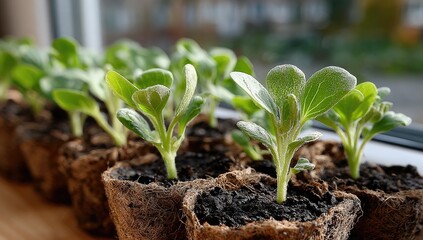 Close-up of young plants in small pots