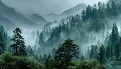 Misty mountain forest. Lush green trees, shrouded in a thick fog, ascend sloping mountain ranges