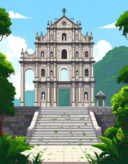 A stylized illustration of a historic church