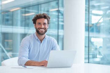 Fototapeta premium Young professional works on laptop in modern office space with large windows and bright atmosphere Generative AI