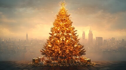 A magnificent Christmas tree stands in a majestic city skyline