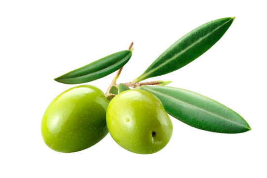 pair of green olives with leaves isolated on white