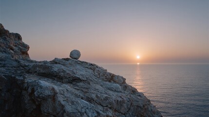 Rock on cliff edge overlooks serene ocean sunset, peaceful natural view