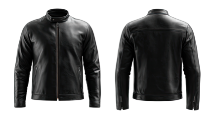 Full shot of a black leather jacket, front and back views