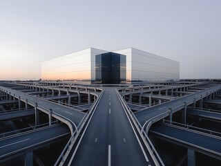 Fototapeta premium Modern Architectural Complex with Intersecting Overpasses and Reflective Facade architecture building