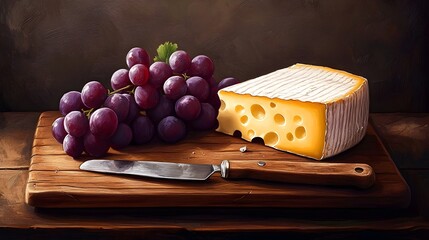 Artisanal Cheese and Fresh Grapes on Wooden Board with Knife
