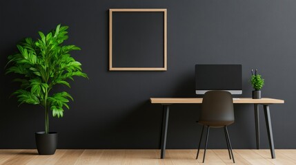 Minimalist home office with black wall and wood furniture